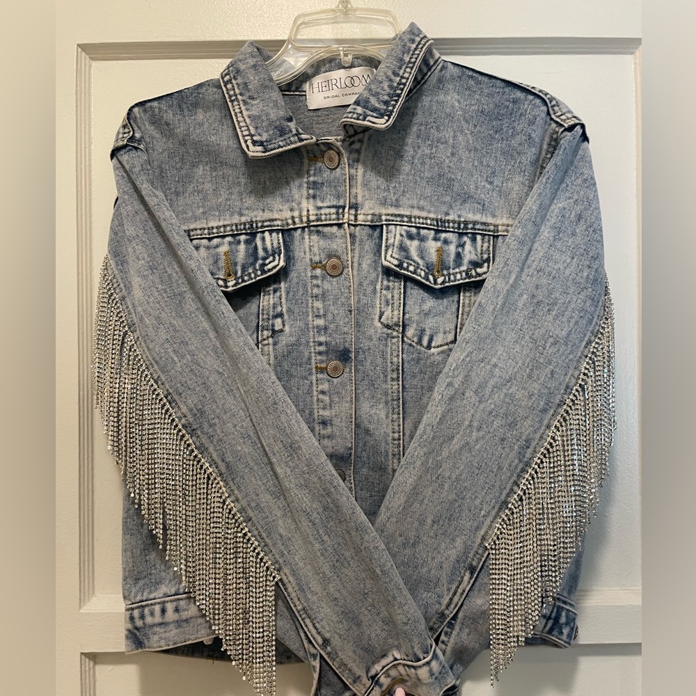 Heirloom Something New Rhinestone Fringe Denim Jacket Size XS